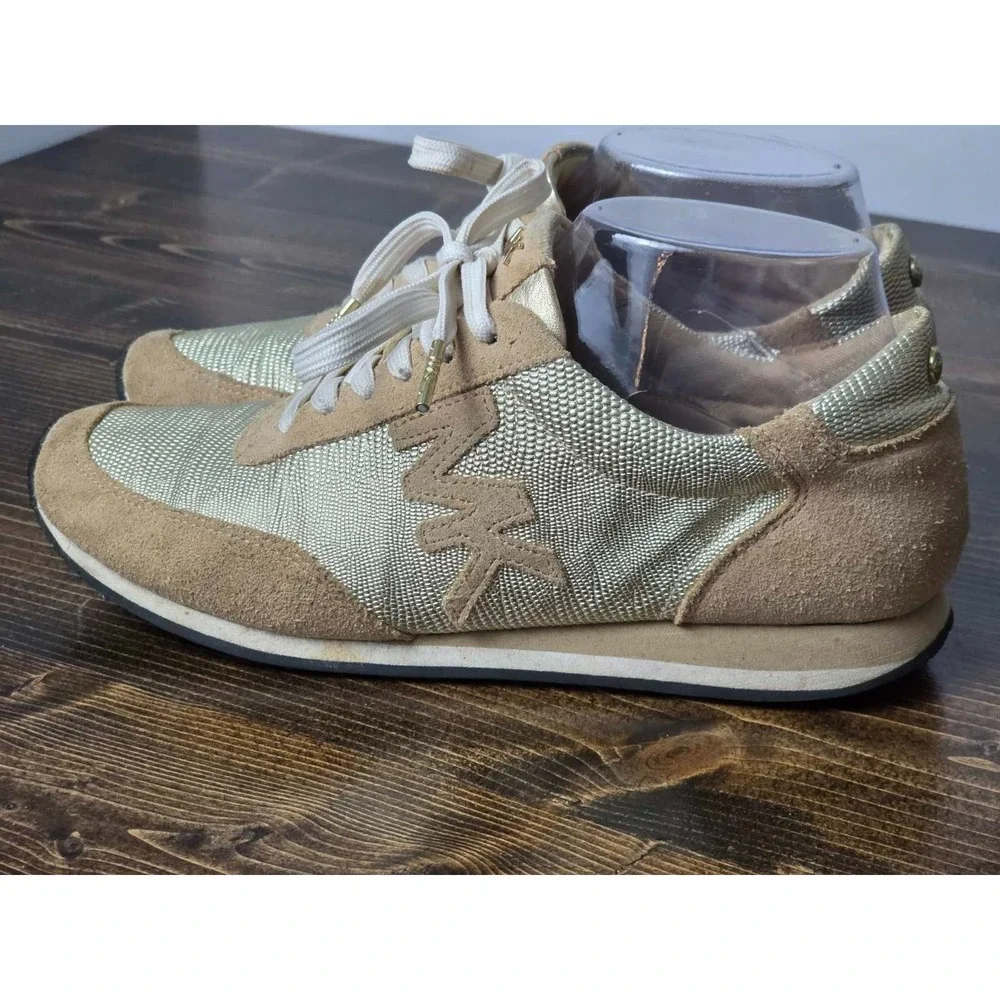 Michael Kors Stanton Womens Sneakers Size 7.5 Tan Brown Gold Leather Suede Shoes